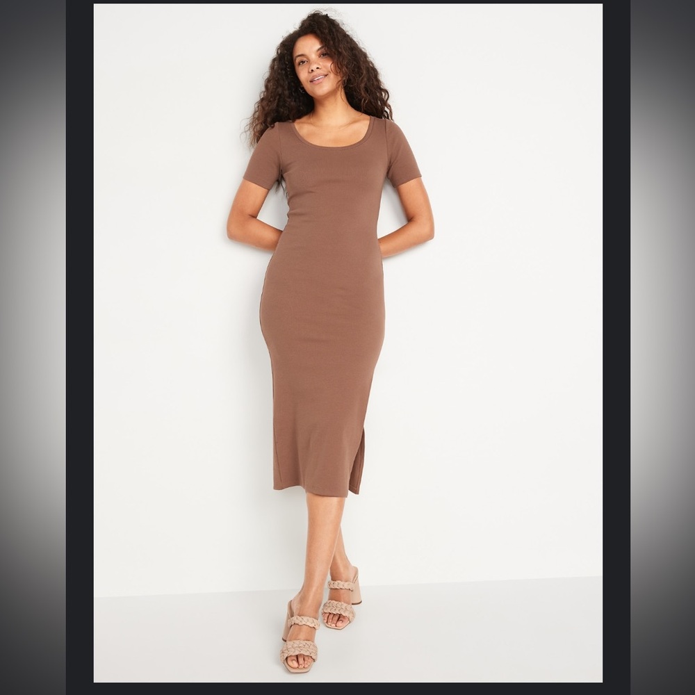 Old Navy Brown Ribbed Scoop Neck Bodycon T-Shirt Midi Dress M